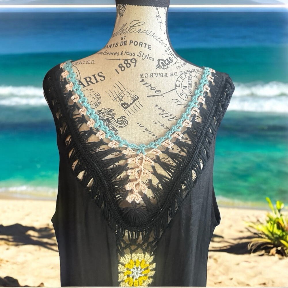 Fringe Floral Black Swim Coverup - Picture 2 of 8